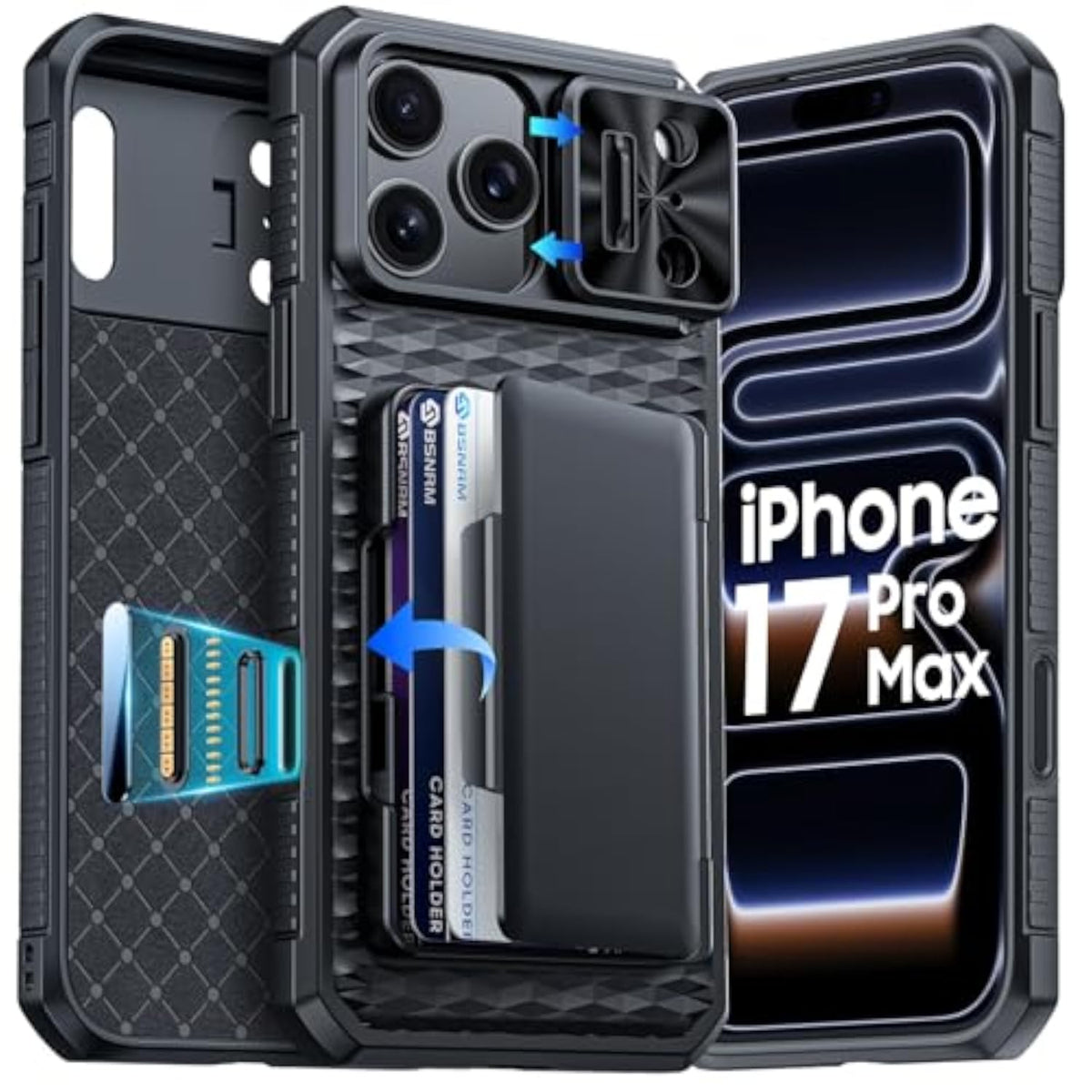 iPhone 17 Pro Max Case Wallet with RFID Blocking and Camera Control Button, Shockproof Rugged Silicone Phone Case, Black