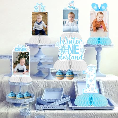 Winter Onederland 1st Birthday Party Decoration, 8pcs Winter Onederland Photo Honeycomb Centerpiece Blue Snowflake Table Topper for Winter Onederland One Year Old 1st Birthday Boy Decoration