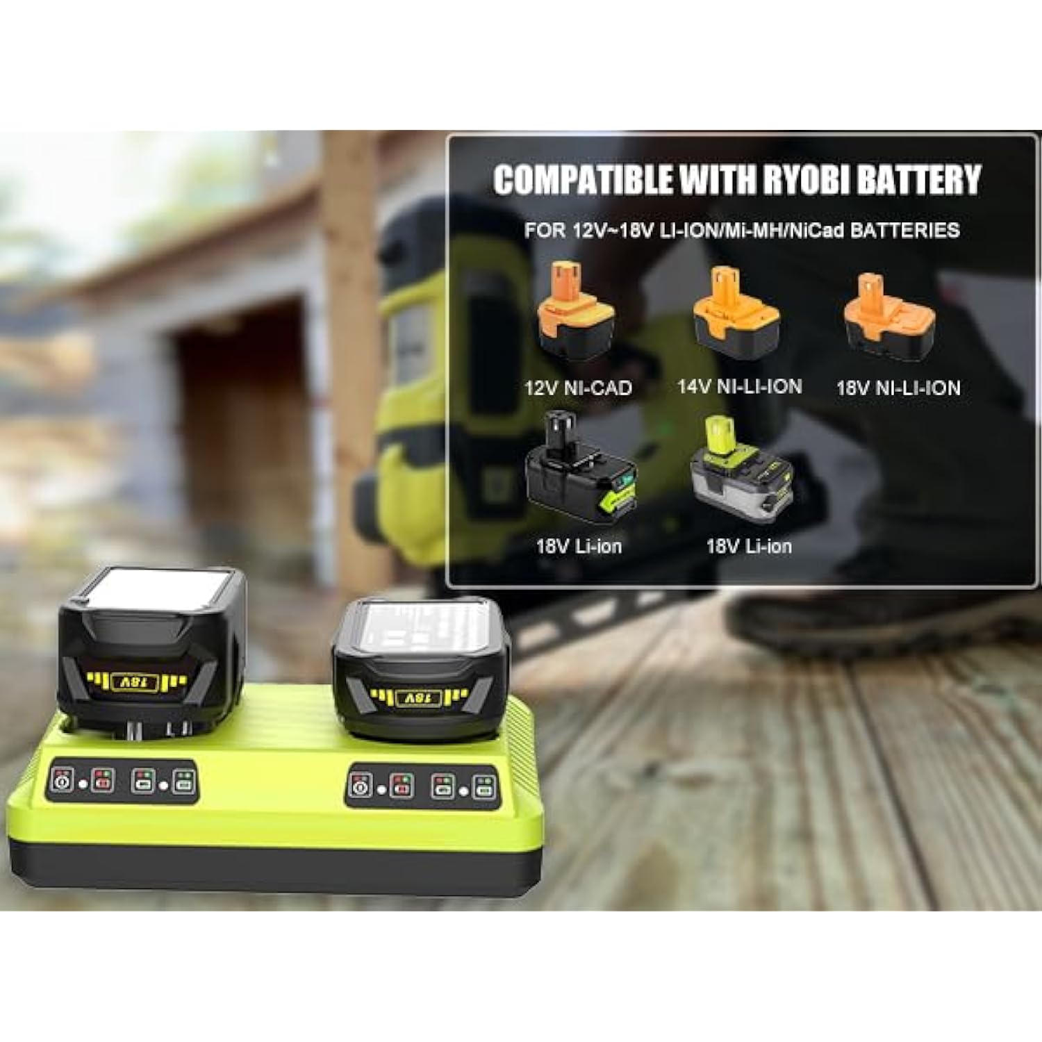 2Ports 18V Battery Charger P117 P118 Replacement For Ryobi 18Volt One+ Batteries Dual Port Charger Compatible With Ryobi 12V-18V Li-Ion & Nicad Nimh Battery P100 P102 P103 P105 P107 P108