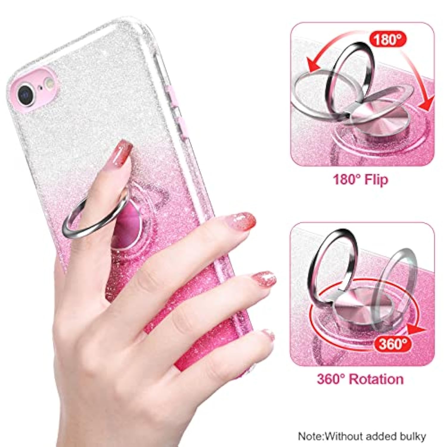 For Iphone Se 2020 Case Glitter,Slim Fit Sparkly Case With 360°Ring Holder Kickstand Shock Absorbent Sturdy Glitter Cover,For Iphone 8/7/Se 2020/Se 3 2022 Cover For Girls,Pink