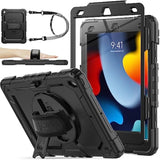 Case For 9Th/ 8Th/ 7Th Generation 10.2'', Shockproof With Screen Protector, Pencil Holder [360° Rotating Hand Strap] & Stand, For 10.2 Inch 2021-2019 (Black)