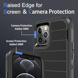 For Iphone 12 Pro Max Case, 2X Glass Screen And Camera Protector, 3 In 1 Heavy Duty Shockproof Drop Protection Stripe Rubber Cover For 12 Pro Max 6.7"-Black