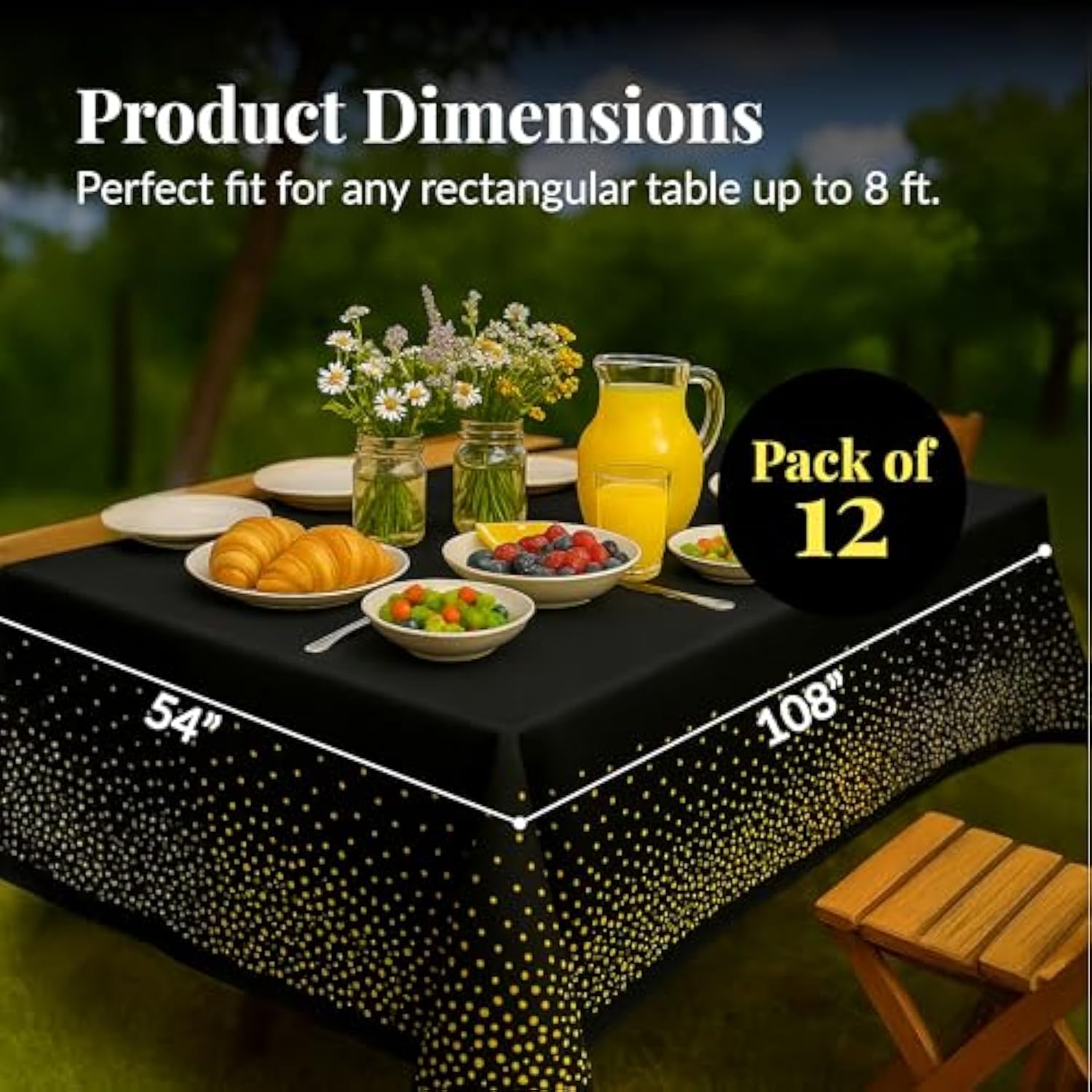 12-Pack Black Gold Dot Disposable Tablecloths 108x54 Inch Waterproof Party