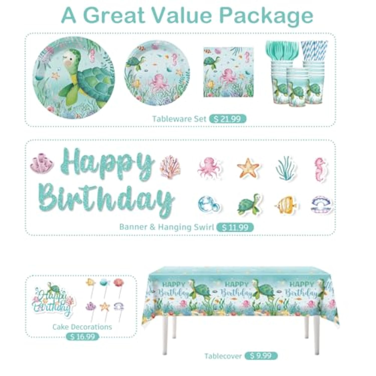201 Pieces Ocean Party Decorations, All-In-One Sea Turtle Birthday Party Pack, Includes Banner, Plates, Tablecloth, Cake Toppers, Balloons, Under The Sea Decorations For 25 Guests