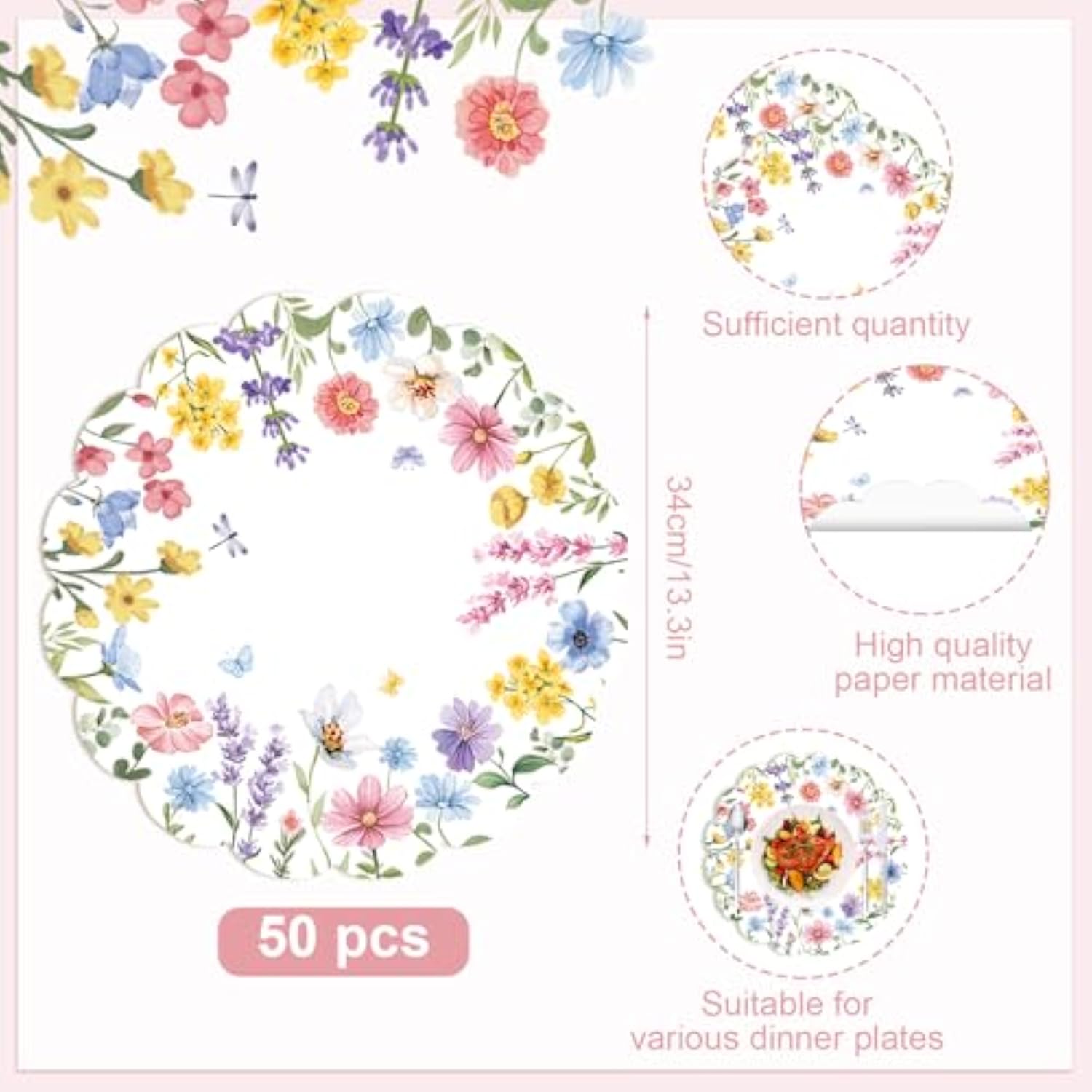 50 Pcs Spring Flowers Paper Placemats,13.4 Inch Wildflower Butterfly Disposable Scalloped Place Mats Spring Summer Round Table Mats For Birthday Wedding Banquet Bridal Shower Party Supplies