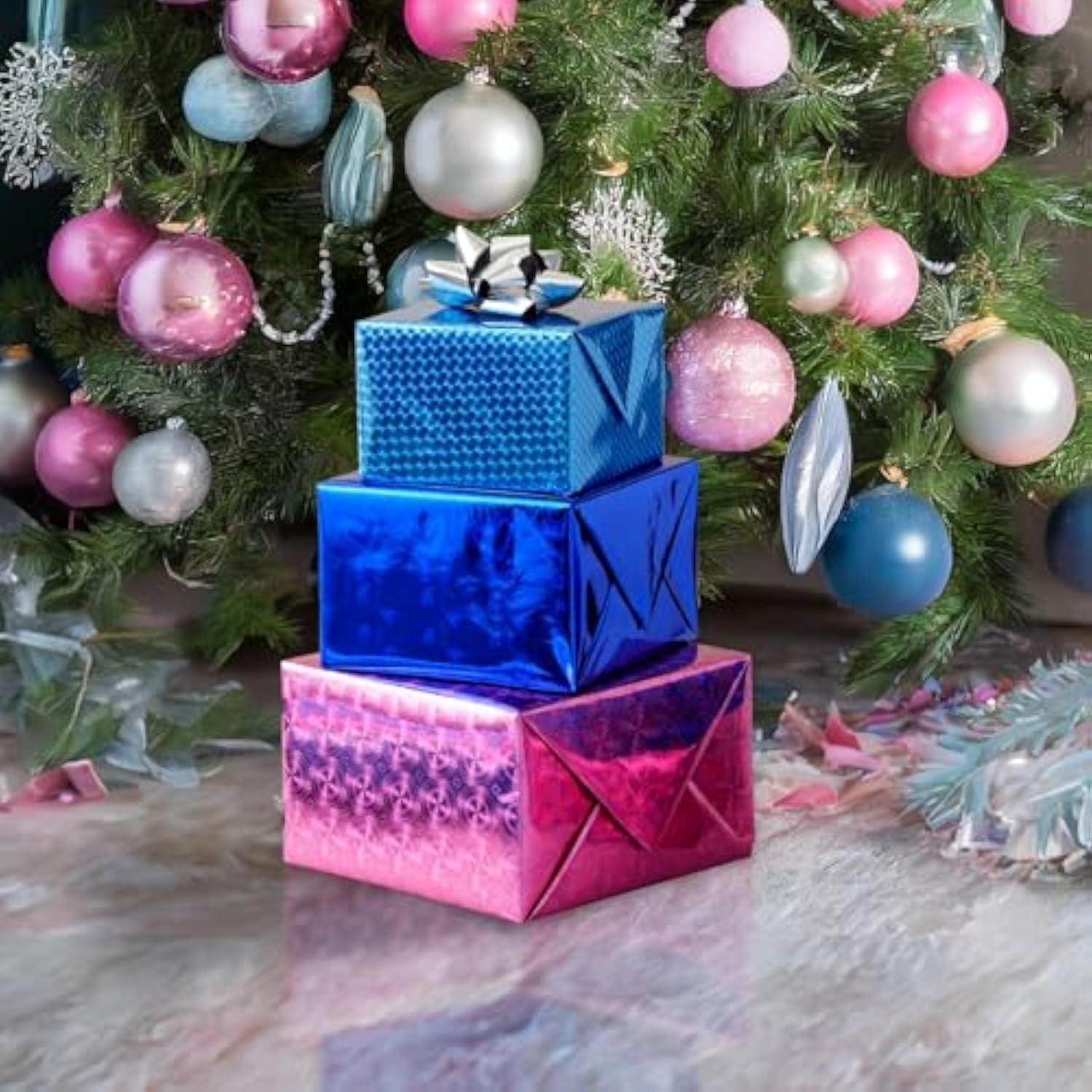 3 Rolls Iridescent Holographic Wrap – Glossy Gift Paper, 3 Designs, 44cm x 5.2m