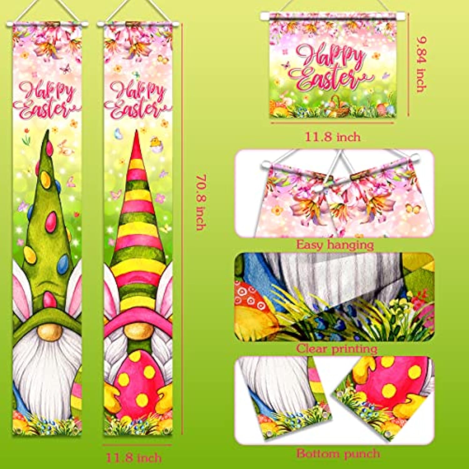 Easter Banner Decoration - 3Pcs Gnome Bunny Porch Signs & Backdrop, Pink, 70.86" X 11.81" Vinyl, Spring/Easter Day Supplies