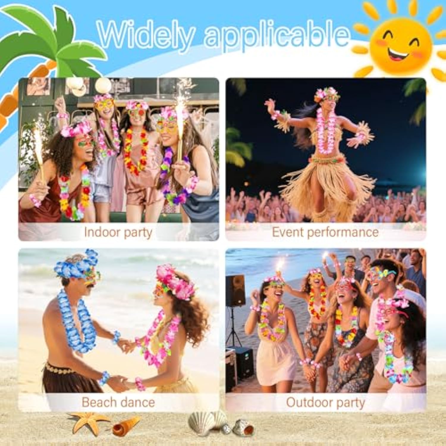 62 Pcs Hawaiian Leis For Luau Party Hawaii Leis Bulk - Tropical Hula Dance Decor Flowers Necklaces, Flower Headbands, Paper Glasses, Summer Beach Hawaii Party Favors