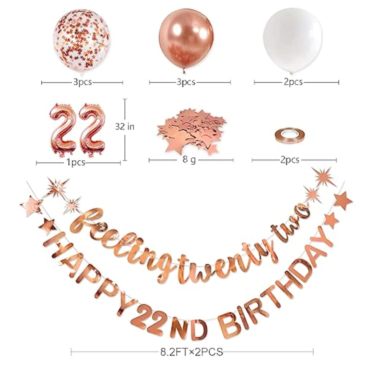 Rose Gold 22Nd Birthday Banner, Garland, Foil Balloon, Decorations, Hanging, Cheers To 22 Years Old Party Supplies Backdrop