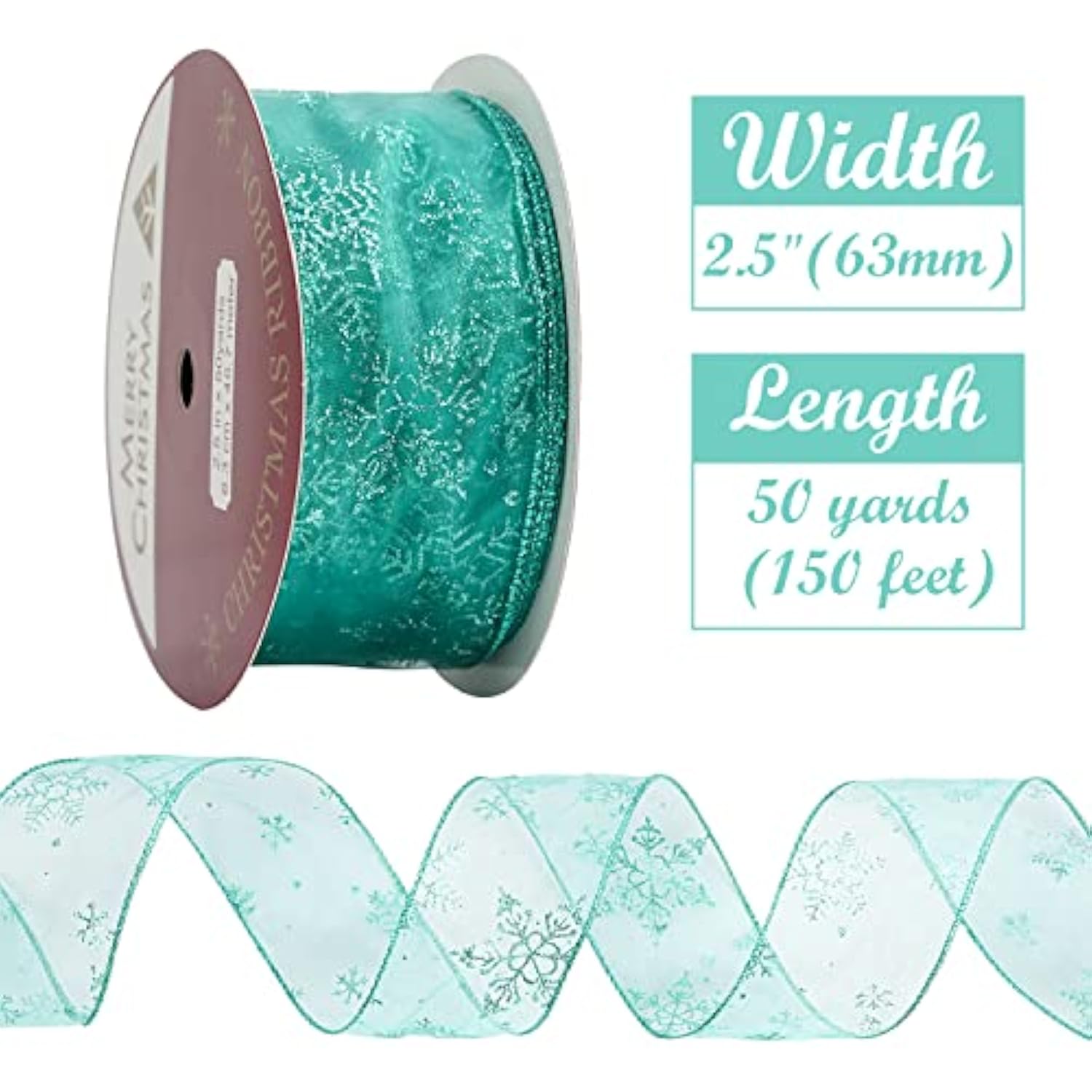 Snowflake Sheer Wired Teal Ribbon For Christmas Tree - 50 Yards, Top Bows, Garland, Gift Wrapping, Wreaths - 2.5