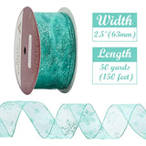 Snowflake Sheer Wired Teal Ribbon For Christmas Tree - 50 Yards, Top Bows, Garland, Gift Wrapping, Wreaths - 2.5
