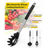 Silicone Pasta Fork And Ladle Spoon Set, Large Non Stick Kitchen Utensils For Cooking,Stirring,Serving Spaghetti, Soup, Sauce (Black)