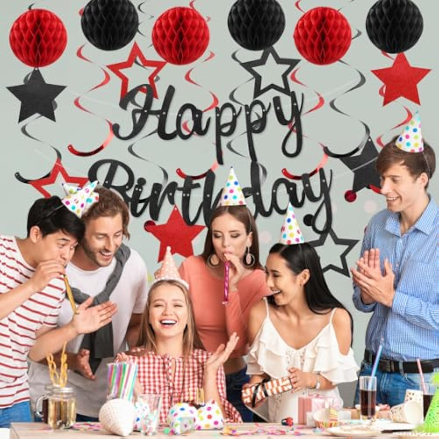 Pre-Strung Red & Black Birthday Decorations  Banner, Honeycomb Balls, Swirls and Garland – No DIY Needed