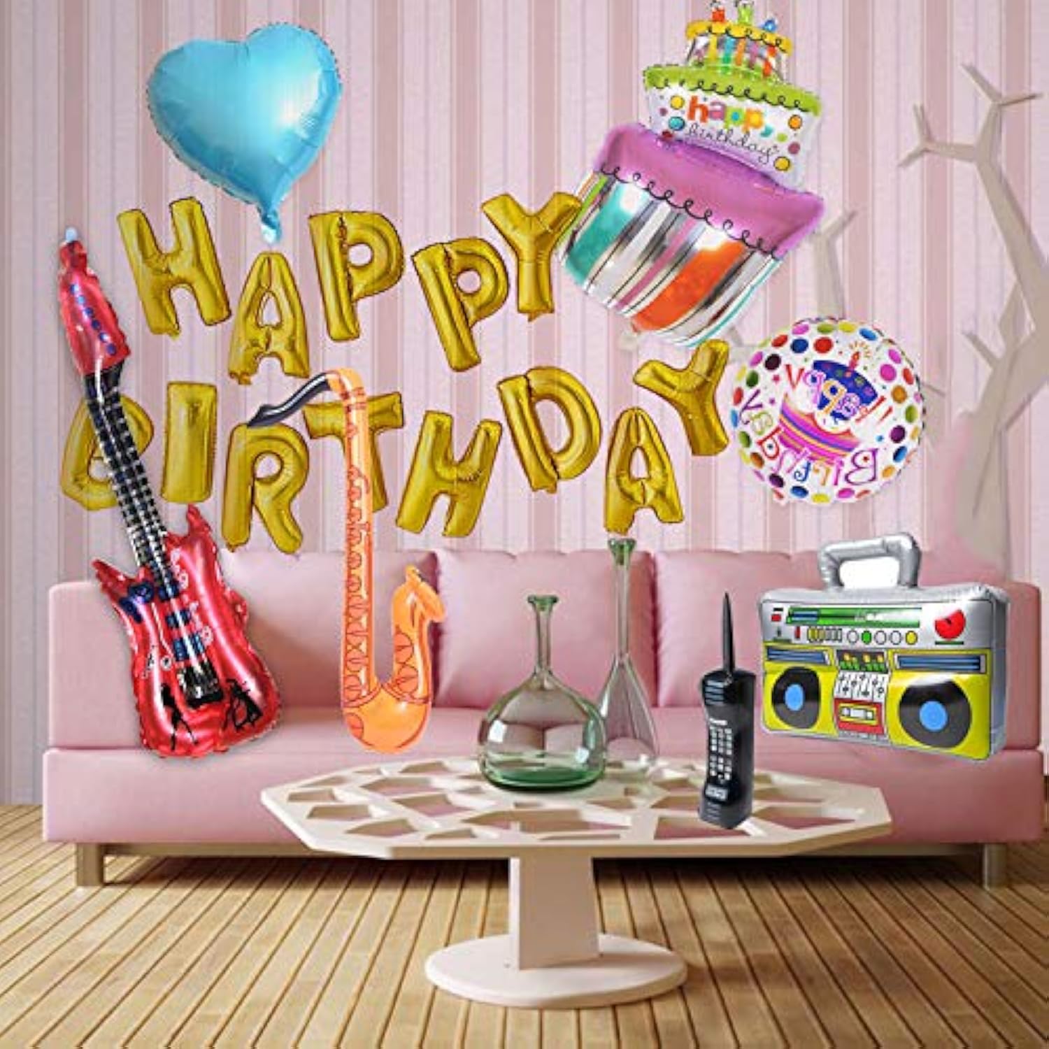 Inflatable Rock Star Toy Set, 7 Pack Inflatable Boom Box Mobile Phone Guitar Bass Party Props For 80'S 90'S Party Decorations, Rock And Roll Party Favors Supplies, Christmas Birthday Party Gifts.