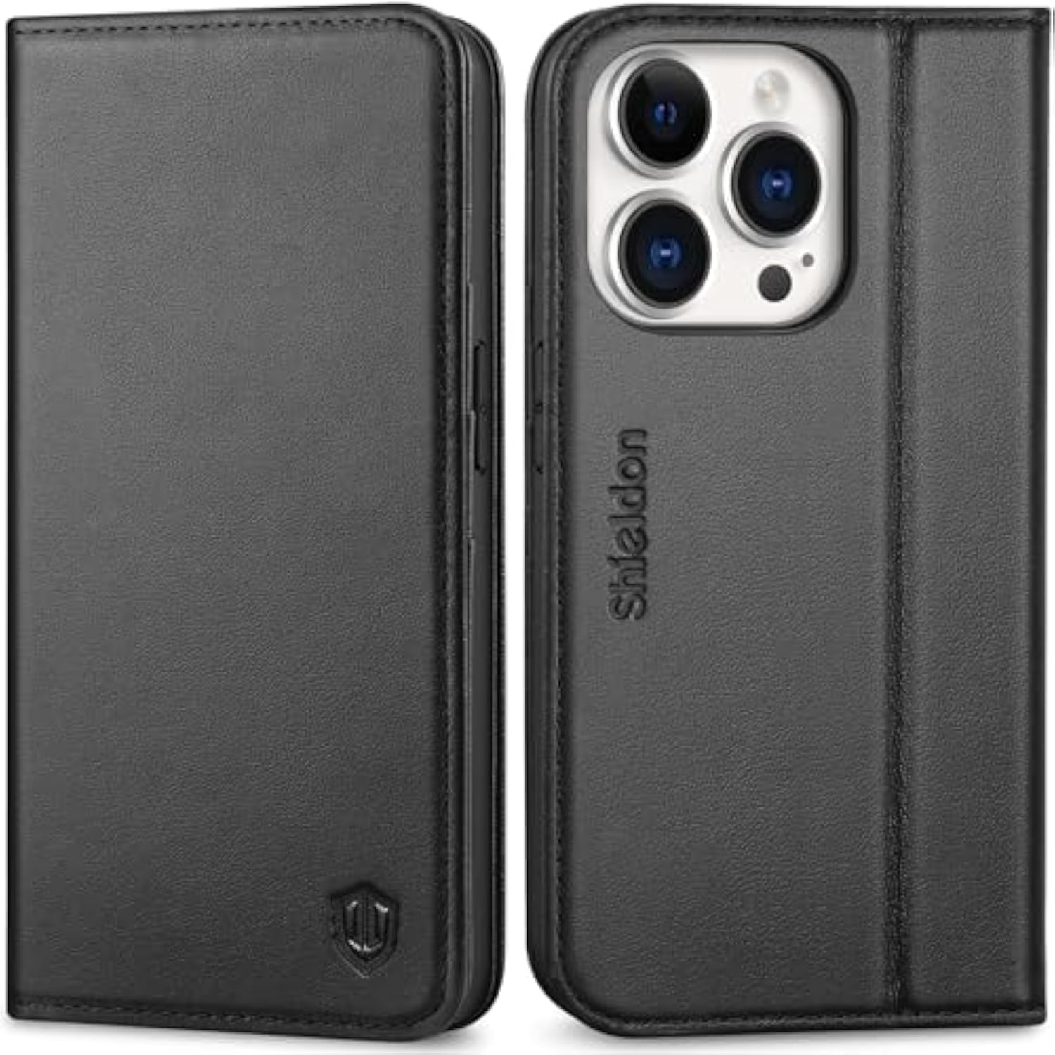 SHIELDON Wallet Case for iPhone 14 Pro 5G 2022, Genuine Leather Case with RFID Blocking Credit Card Holder Folio Magnetic Stand Shockproof Cover Compatible with iPhone 14 Pro 6.1" - Black
