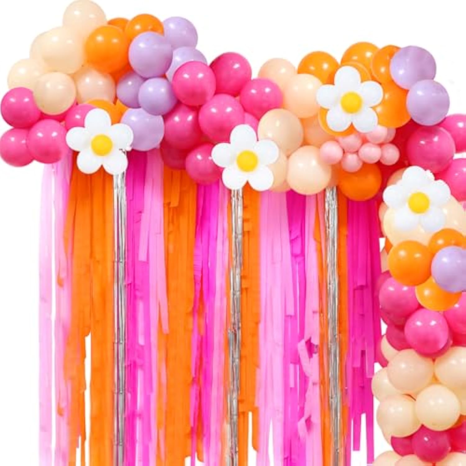 Groovy Balloon Arch Kit: Pink, Orange, Daisy Balloons with Fringe Backdrop