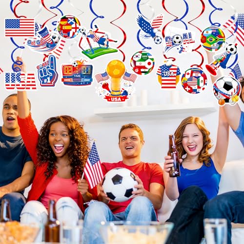 2026 American World Soccer Hanging Swirls Decorations, 2026 America Soccer Foil Streamers Goal Trophy American Flag Ceiling Decorations USA Soccer Tournament Cup Spiral Streamers Ornament, 16Pcs