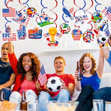 2026 American World Soccer Hanging Swirls Decorations, 2026 America Soccer Foil Streamers Goal Trophy American Flag Ceiling Decorations USA Soccer Tournament Cup Spiral Streamers Ornament, 16Pcs
