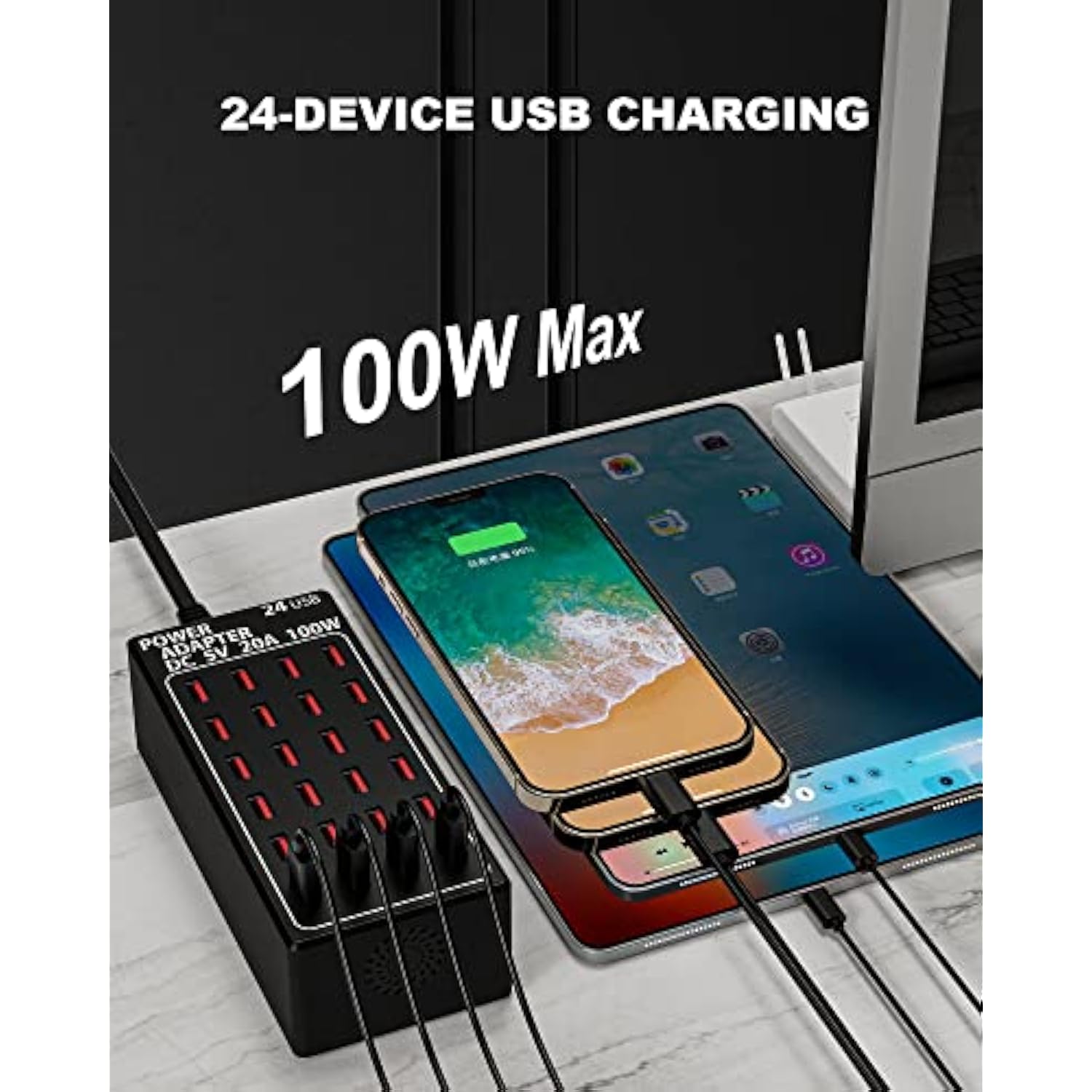 24-Port 100 Watt (20 A) Usb Charging Station, Travel Desktop Usb Rapid Charger, Multi Ports Fast Charger Station Organizer Compatible With Smartphones, Tables, And More Devices