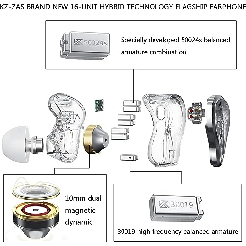 KZ ZAS in Ear Monitor Headphones 16 Units 7BA 1DD Hybrid Drivers HiFi IEM Earphones High Clarity Wired Earbuds for Musicians Singers Audiophile Dj