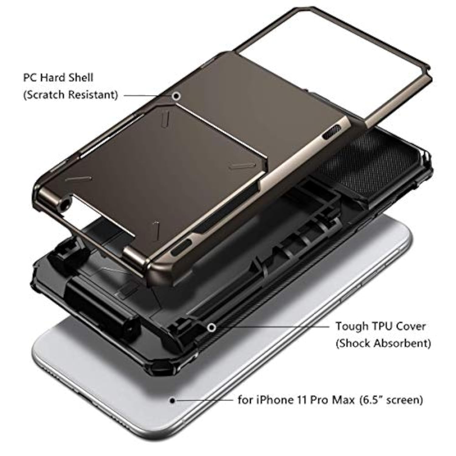 Case For Iphone 11 Pro Max Case Wallet 4-Card Holder Id Slot Flip Door Hidden Pocket Dual Layer Hybrid Bumper Armor Protective Hard Shell Back Cover For Iphone 11 Pro Max 6.5 Inch Gun Metal
