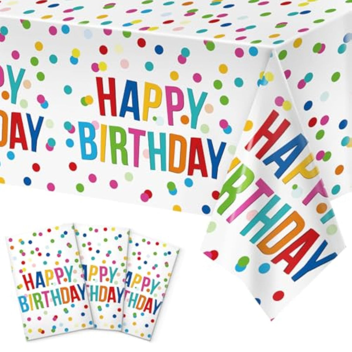 3pcs Birthday Tablecloth Set, Colorful Dots, Waterproof, 54x108" Party Decor