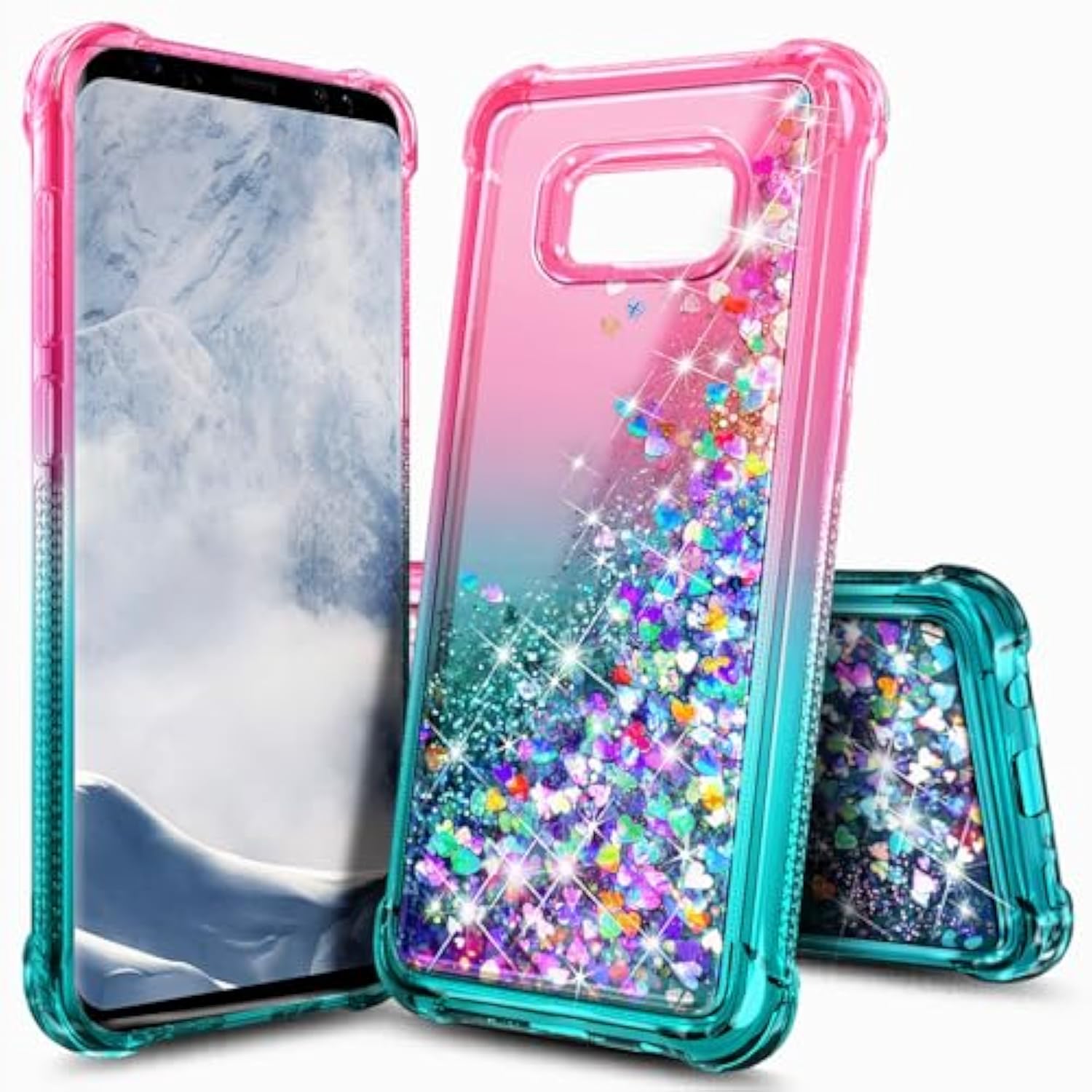 Compatible With Samsung Galaxy S8 Phone Case (Not Fit S8 Plus) Pink/Aqua | Bling Sparkly Glitter Floating Liquid Waterfall Cute Cover For Women Girls Kids
