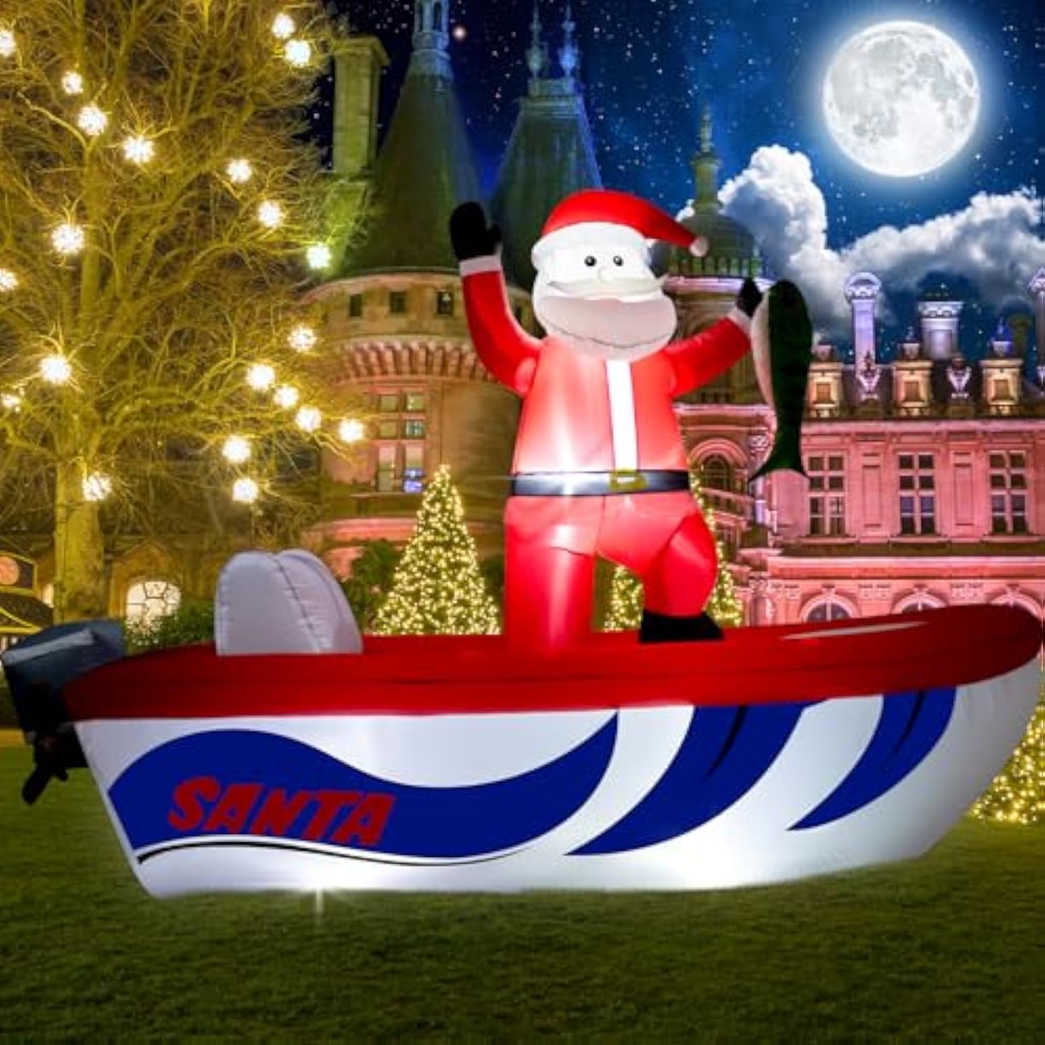 10Ft Long Christmas Inflatable Santa Fishing On A Boat,Christmas Captain Santa Claus Outdoor Blow Up Inflatable Santa Gi