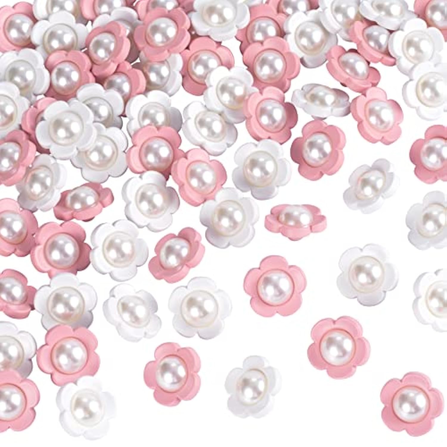 50Pcs Cute Flower Shank Pearl Sewing Buttons 18Mm(Pink,White)