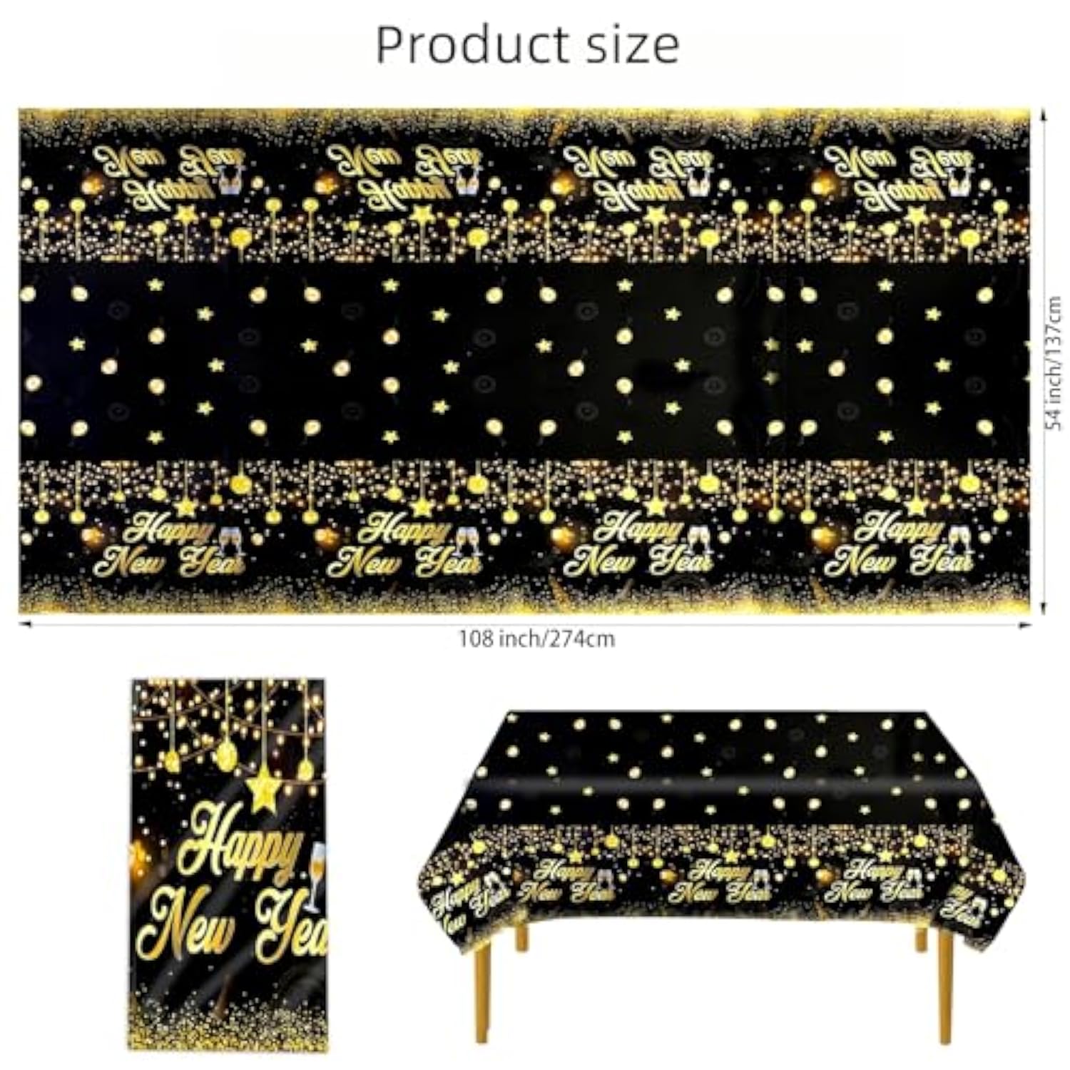 3 Pcs 2026 New Year Table Covers Black Gold Plastic 108x54 Inch for Party Decor