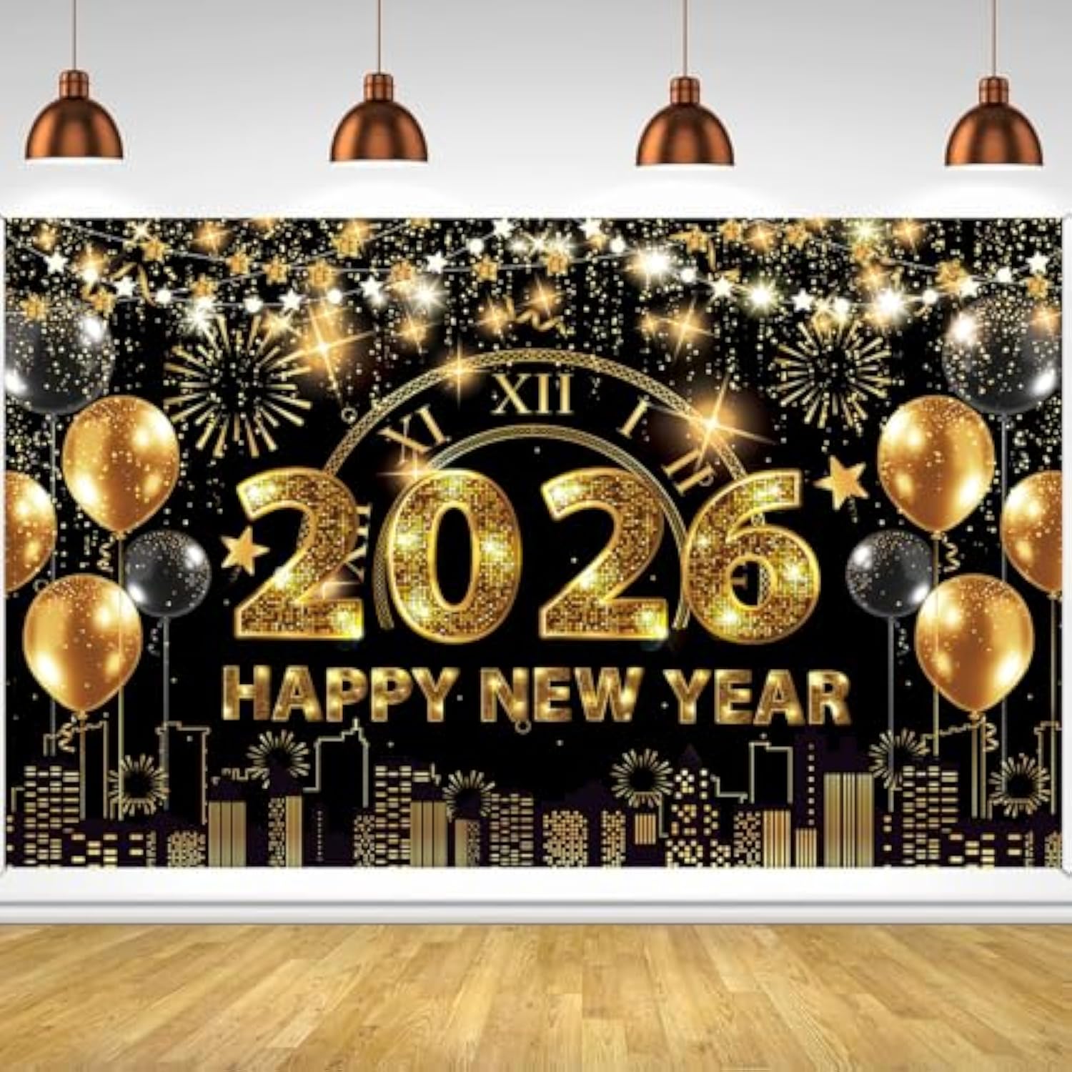 70x43 Inch Black Gold Happy New Year 2026 Backdrop Banner Party Decor