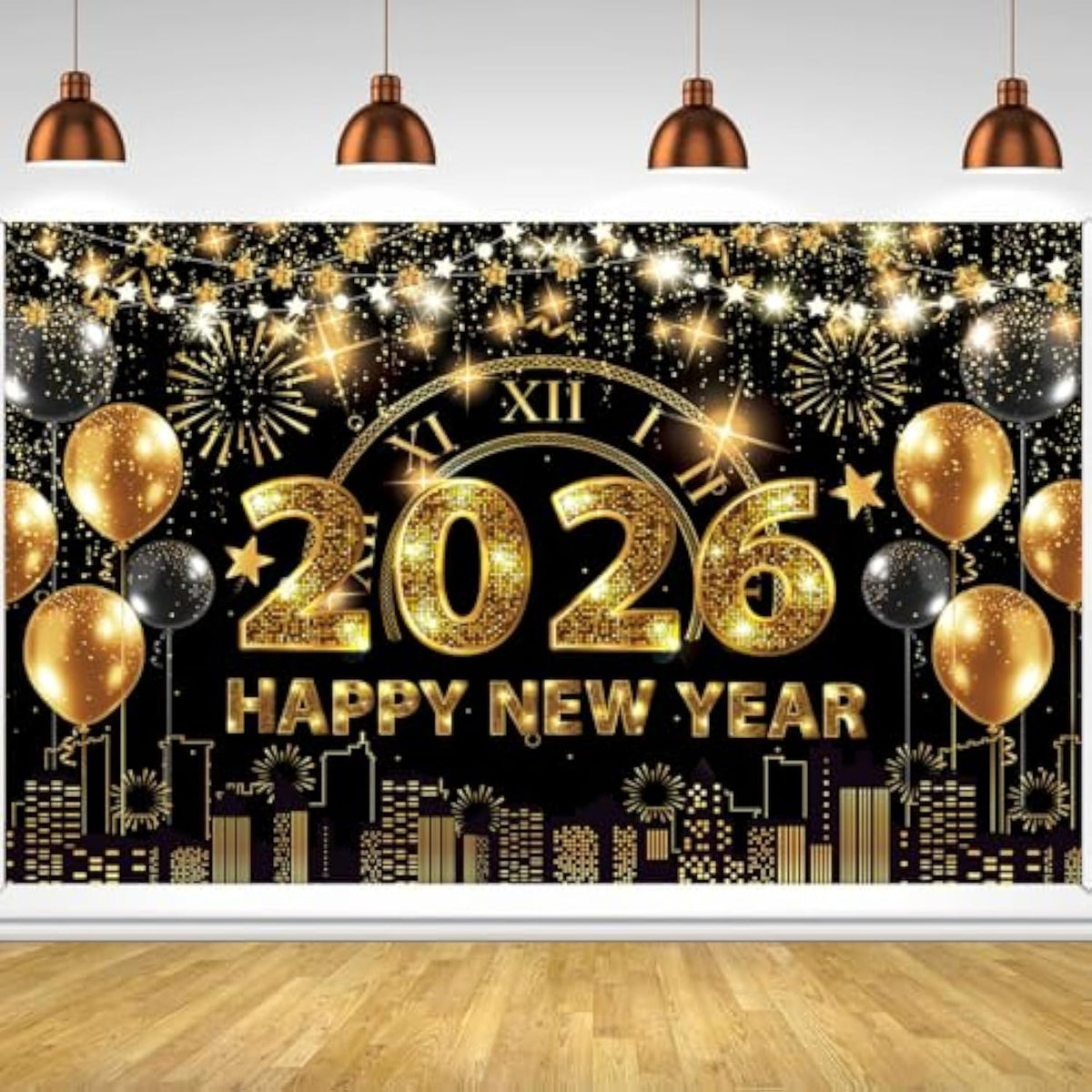 70x43 Inch Black Gold Happy New Year 2026 Backdrop Banner Party Decor