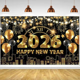 70x43 Inch Black Gold Happy New Year 2026 Backdrop Banner Party Decor