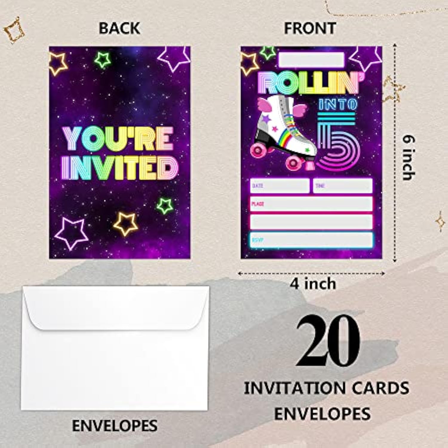 Roller Skating 5Th Birthday Fill-In Invitations Cards With Envelopes (20 Count)?Retro Neon Roller Skating Birthday Party Supplies Decorations, Birthday Invites For Boys/Girls - A68