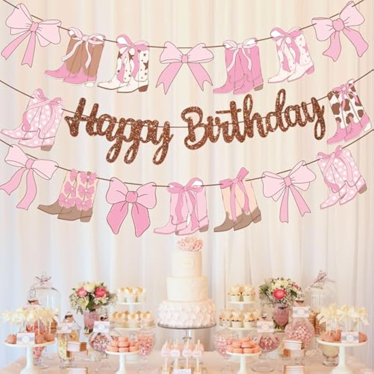 Cowgirl Boots Bow Banners 3Pcs Western Coquette Glitter Birthday Party Decor