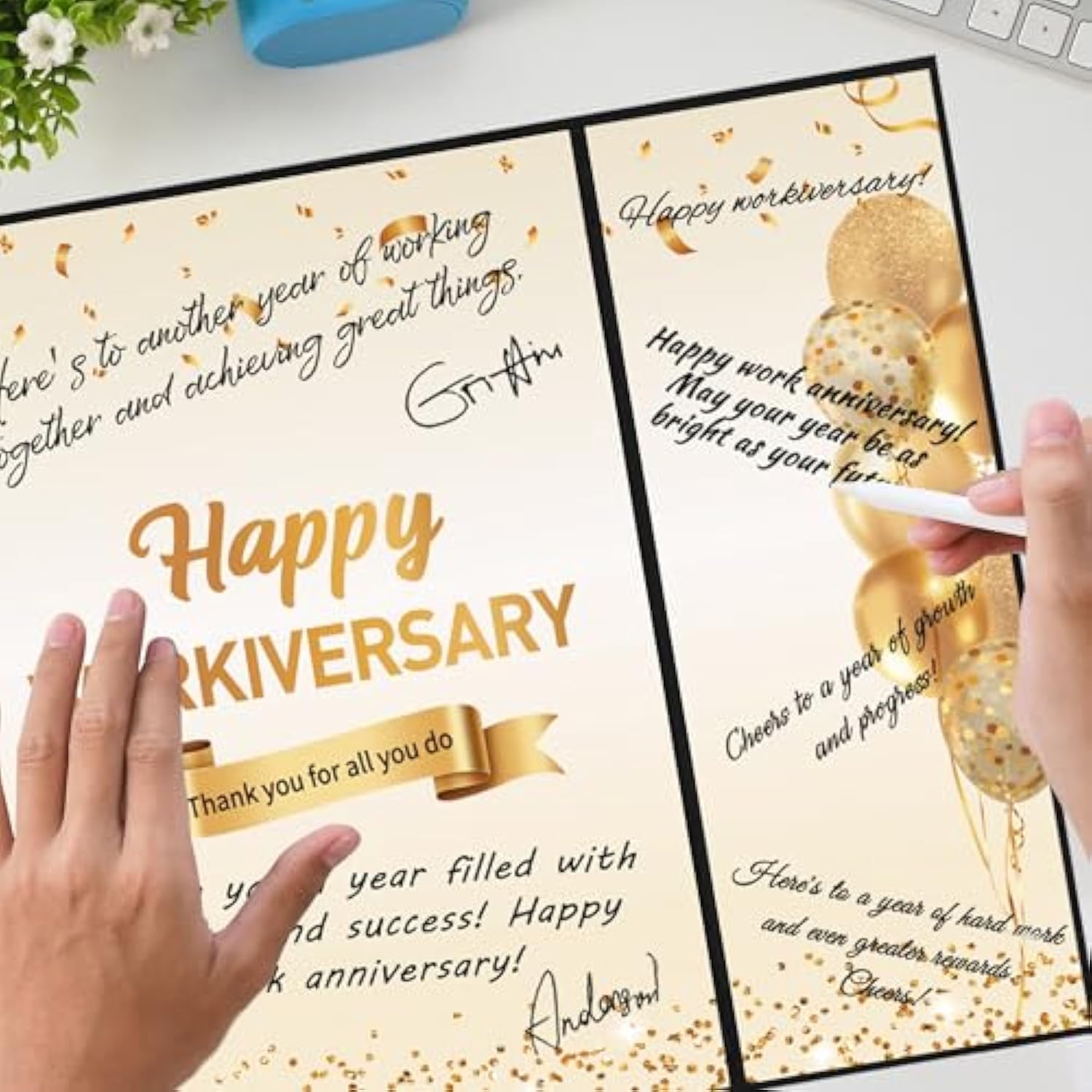 Black Gold Happy Workiversary Party Decorations, Happy Work Anniversary Alternative Signature Guest Book For Men Women Employee Business Gifts Signing Card Board For Office Supplies