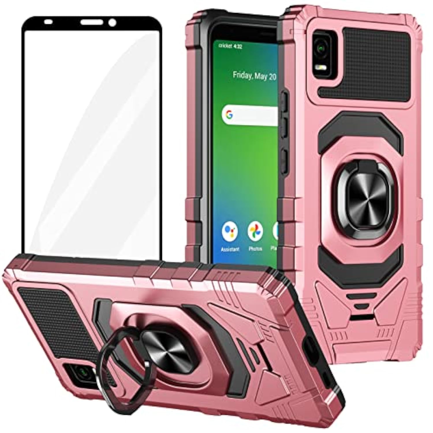 For Cricket Debut Smart Case 2022, With Screen Protector, Ring Kickstand For Magnetic Car Mount, Military Grade Protective, Heavy Duty Shockproof Phone Cover For Cricket Debut Smart-Rose Gold