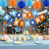 Blue & Orange Dog Birthday Party Decorations Banner, Swirls, Honeycomb Balls