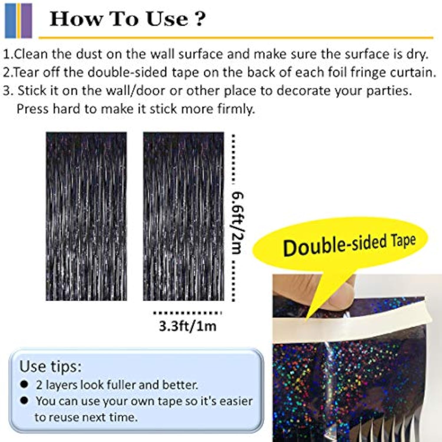2 Pack Iridescent Black Foil Fringe Curtains Halloween Backdrop Party Decorations