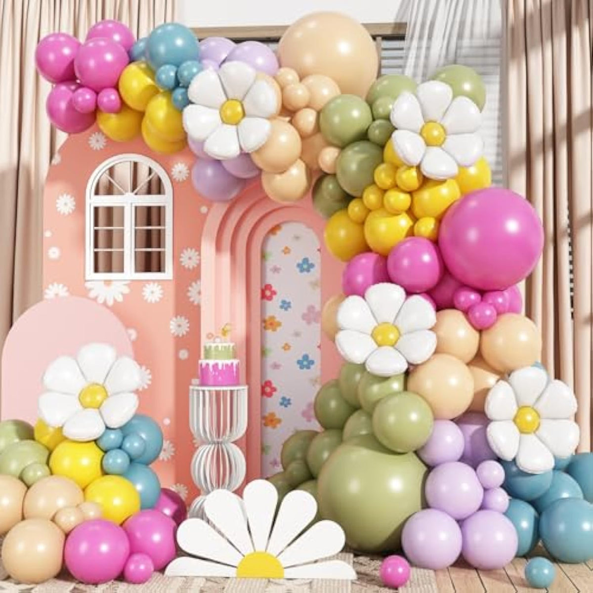 Daisy Pastel Balloon Garland Kit, 168Pcs Pink And Green Yellow Wildflower Party Decorations For Wild Flower Baby In Bloom Baby Shower Spring Daisy Theme Birthday Boho Mothers Day Party Decorations