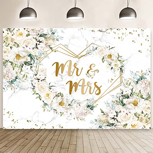 7x5ft White Floral Mr and Mrs Floral Bridal Shower Backdrop