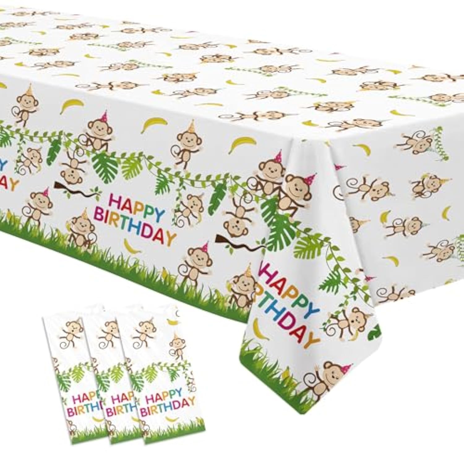 Monkey Birthday Decorations Tablecloth, 3 Pack Disposable Jungle Safari Wild Animal Theme Monkey Party Supplies Tablecover For Birthday Baby Shower, 86In X 55In