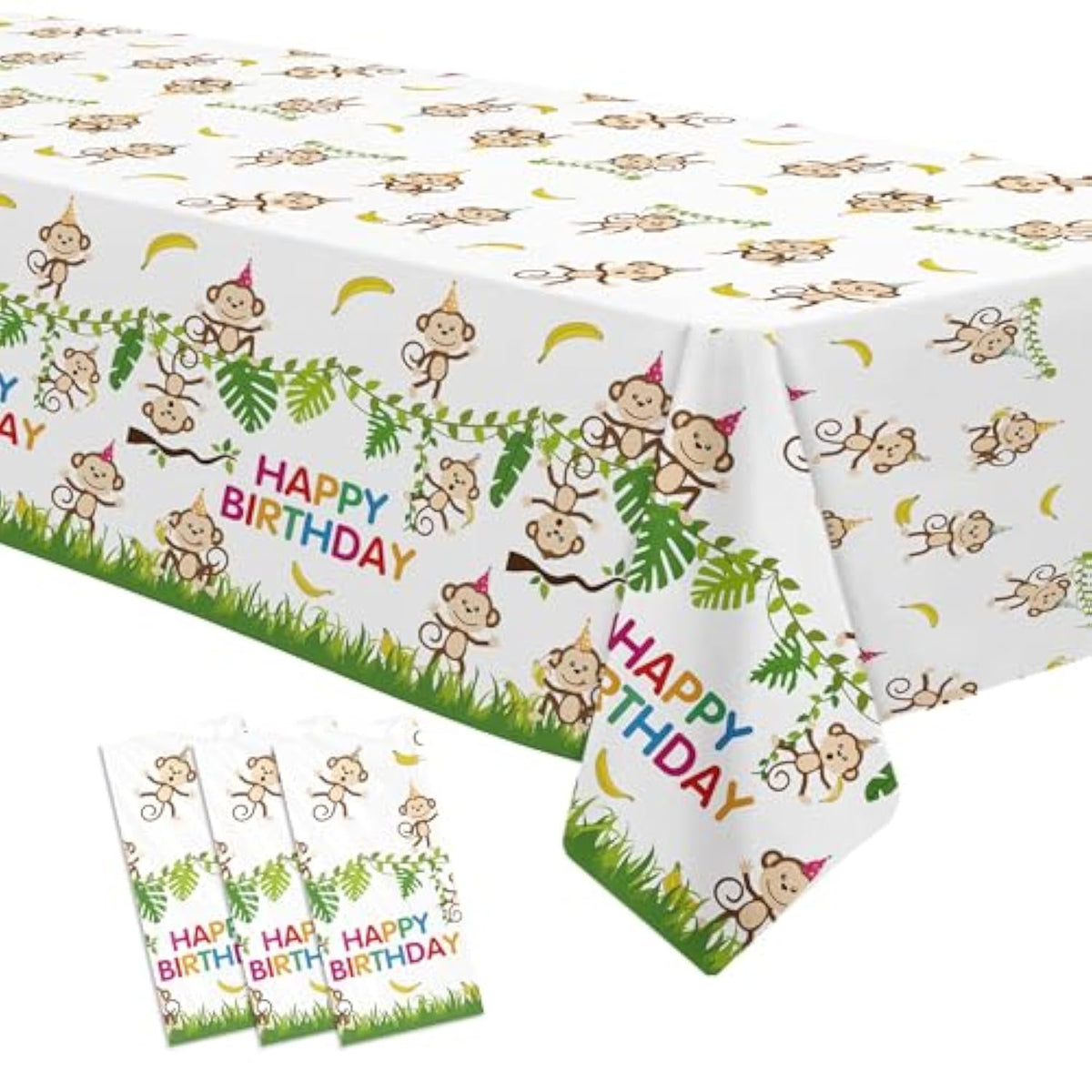 Monkey Birthday Decorations Tablecloth, 3 Pack Disposable Jungle Safari Wild Animal Theme Monkey Party Supplies Tablecover For Birthday Baby Shower, 86In X 55In