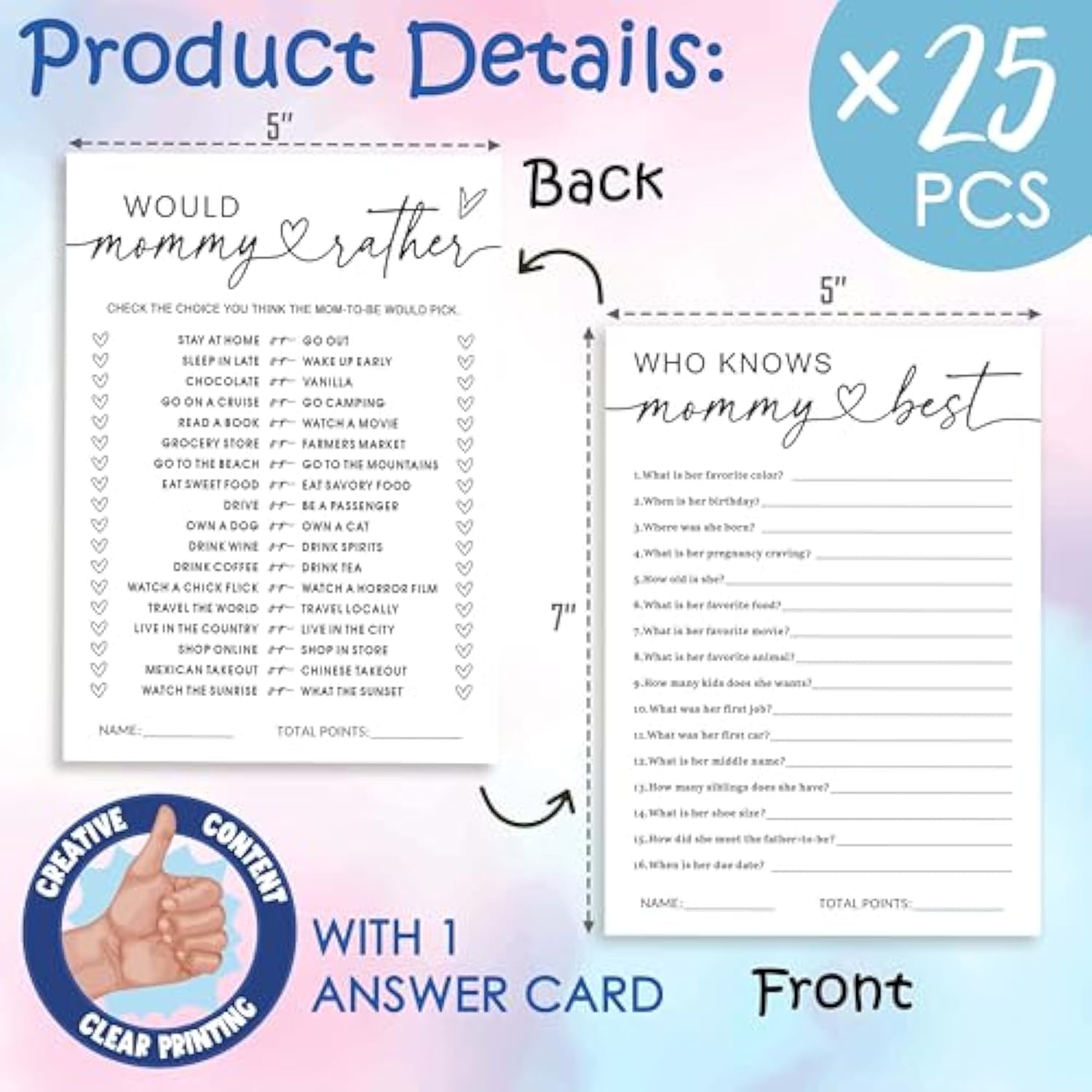 Hilarious Baby Shower Games, Who Knows Mommy Best & Would Mommy Rather Double-Sided Games, Minimalism Baby Shower Decorations Favors Ideas-25 Pcs 5X7 In -B01