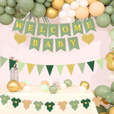 Sage Green Baby Shower Decorations Kit Welcome Baby, Gold Pennant & Bodysuit Banner