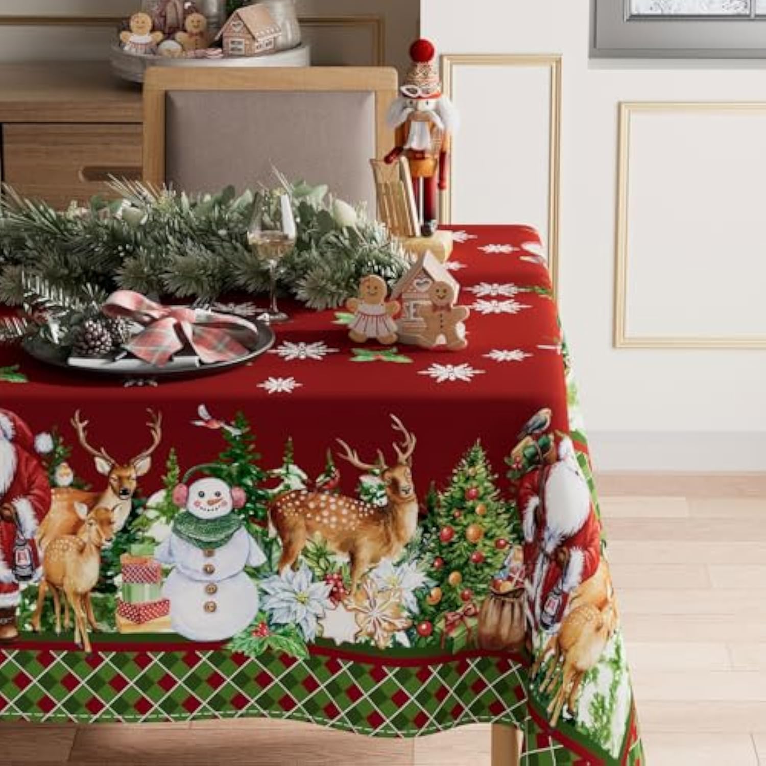 Snowman Santa Deer Winter Christmas Tablecloth Rectangle Christmas Table Cloth Washable Table Coversfor Indoor Dining Home Party Xmas Decorations 60X84 Inch