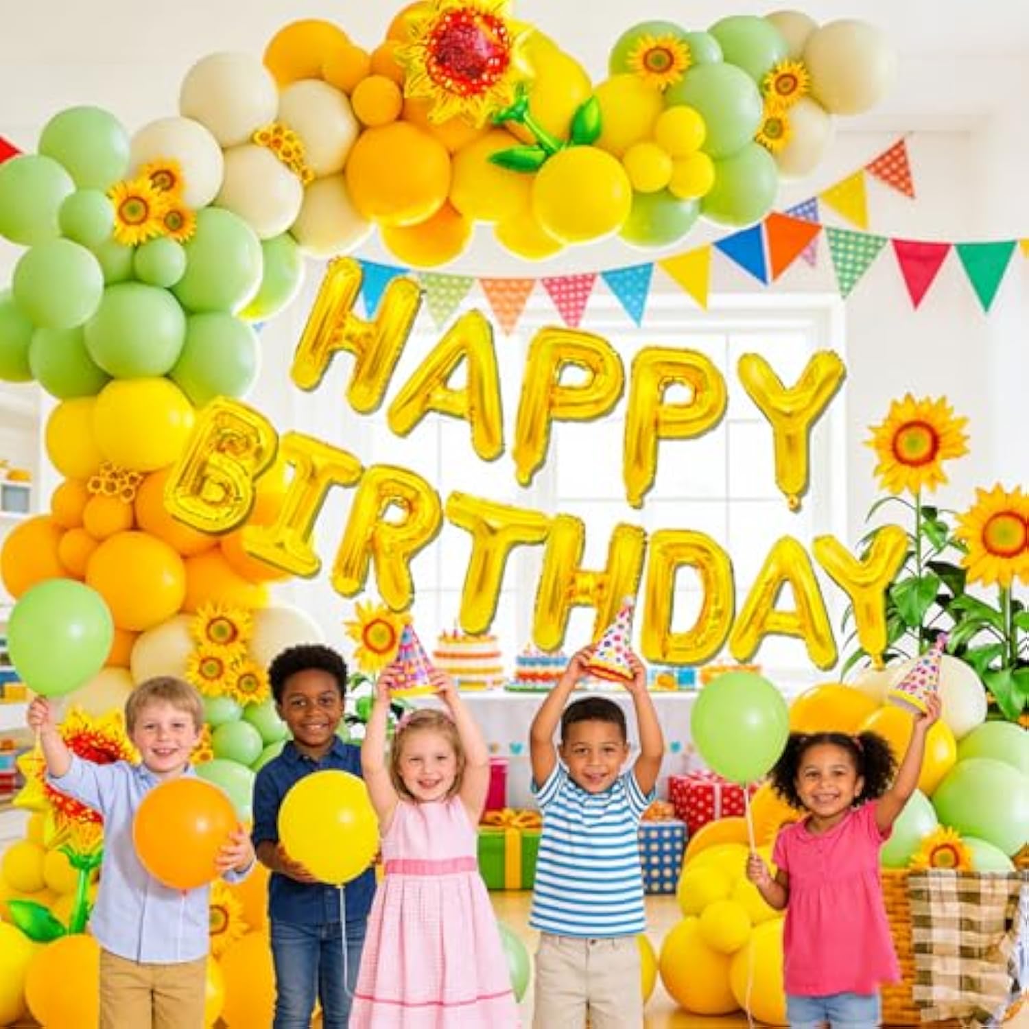 Balloon Garland Kit, Birthday Balloon Arch, Sunflower Balloons, 73-Piece Spring Sunflower Happy Birthday Set, Yellow Green White, Bright Garden-Themed Party Decorations