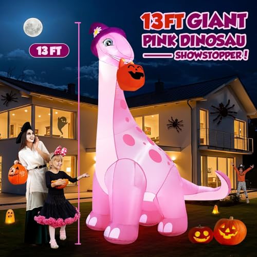 13FT Giant Halloween Inflatables Decorations Outdoor Pink Dinosaur, Huge Halloween Blow Up Yard Decorations Dino with Large Pumpkin Witch Hat Build-in LED Light Strong Blower for Party Lawn