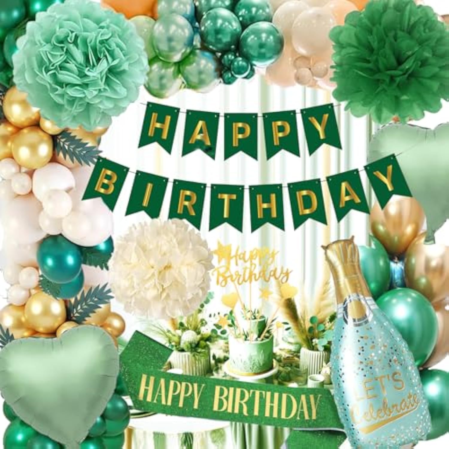 Green Birthday Decorations,Birthdays Decoration For Women,Emerald Green Party Decorations,Sage And Gold Balloons,Happy Birthday Banner Paper Pom Poms For Women Men Neutral Birthdays