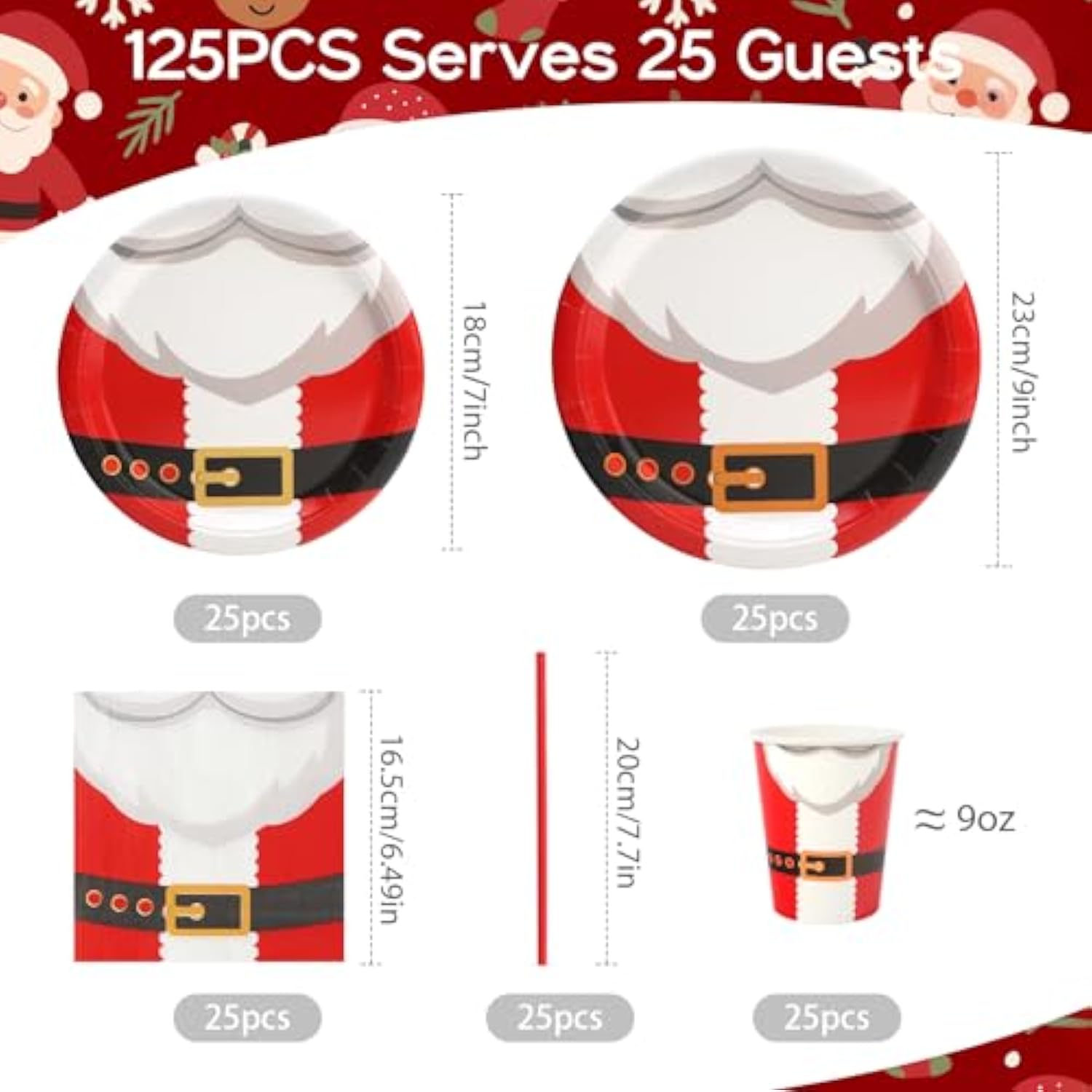 Christmas Santa Claus Paper Plates 125Pcs Red Santa Belt Party Plates, Cups, Napkins And Straw Dinner Tableware Set For 25 Guest New Year Chrismas Party Supplies Decorations